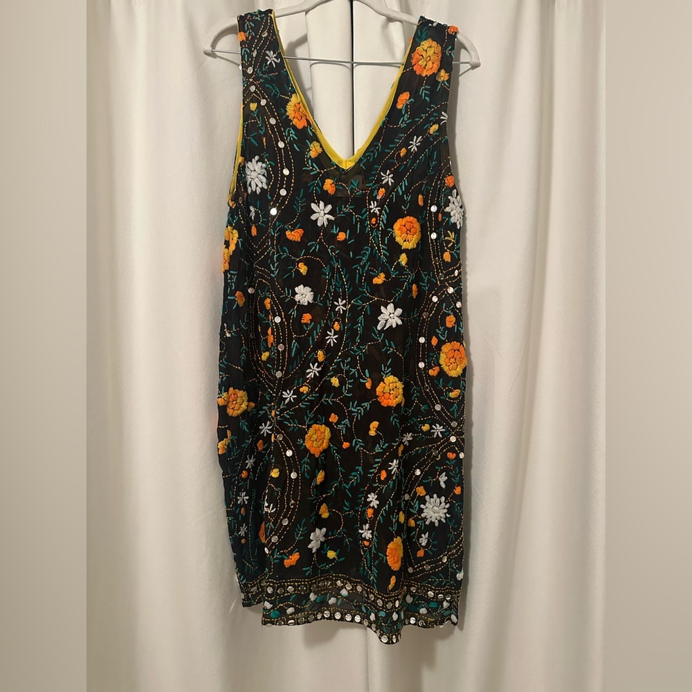 Floral Embroidered Mini Dress - Black and Orange